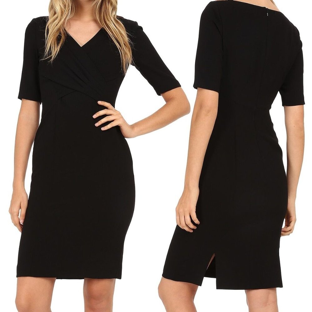 TAHARI ASL Black Cross Over V-Neck Crepe Dress